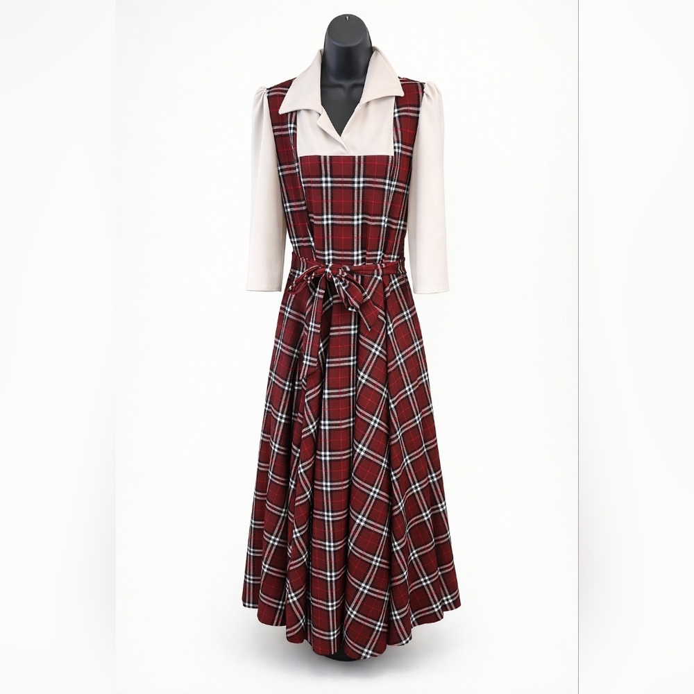 Feb - Fredes Burgundy Plaid Long Sleeve Dress Modest